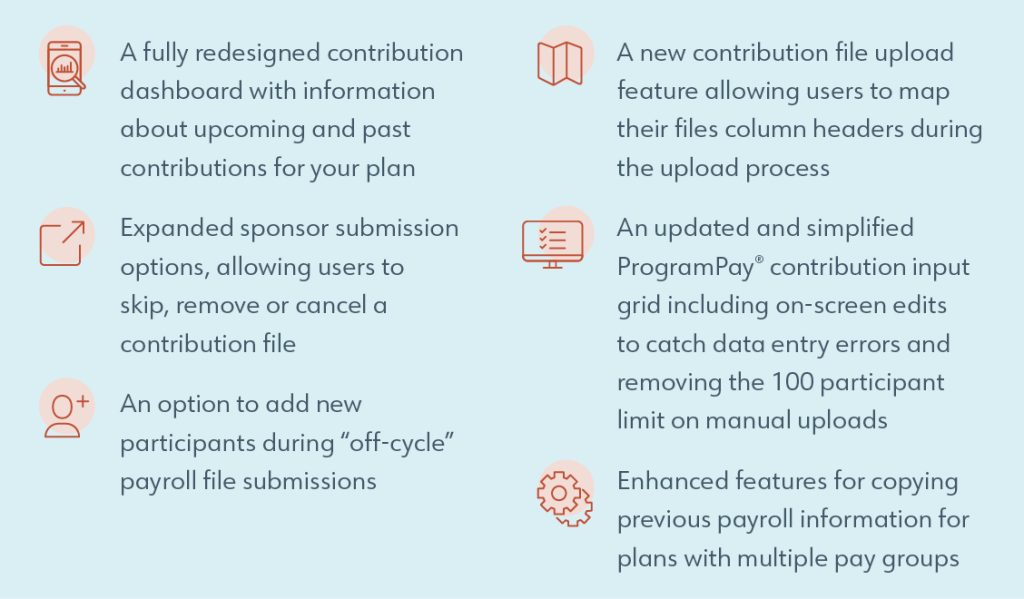 A fully redesigned contribution dashboard with information about upcoming and past contributions for your plan Expanded sponsor submission options, allowing users to skip, remove or cancel a contribution file An option to add new participants during “off-cycle” payroll file submissions A new contribution file upload feature allowing users to map their files column headers during the upload process An updated and simplified ProgramPay® contribution input grid including on-screen edits to catch data entry errors and removing the 100 participant limit on manual uploads Enhanced features for copying previous payroll information for plans with multiple pay groups